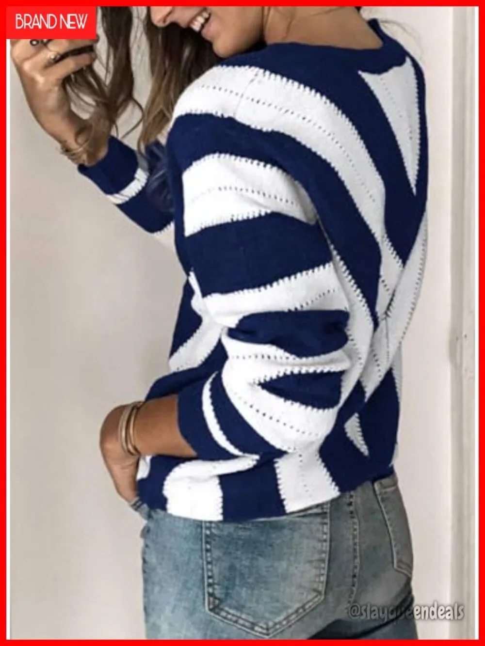 Soft Knitted V-Neck Pullover Sweater for Women Long Sleeve Striped Tops Fall